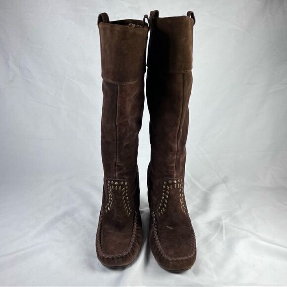 Sam Edelman Alabama Suede Brown Studded Knee High Wedge Boots 7.5 - Picture 2 of 10